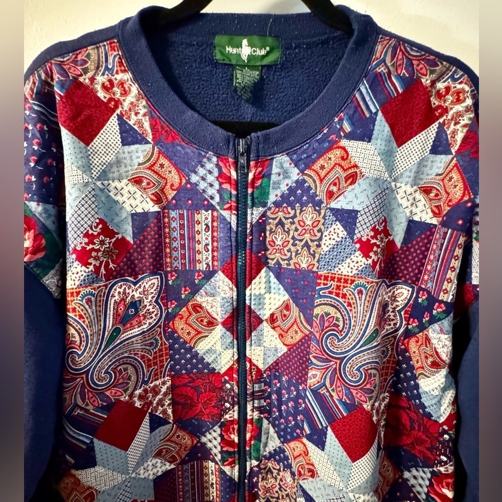 VTG 90’s Blue Multi Pattern Quilted Bomber Zip Up Sweater Jacket Grannycore - Picture 5 of 10